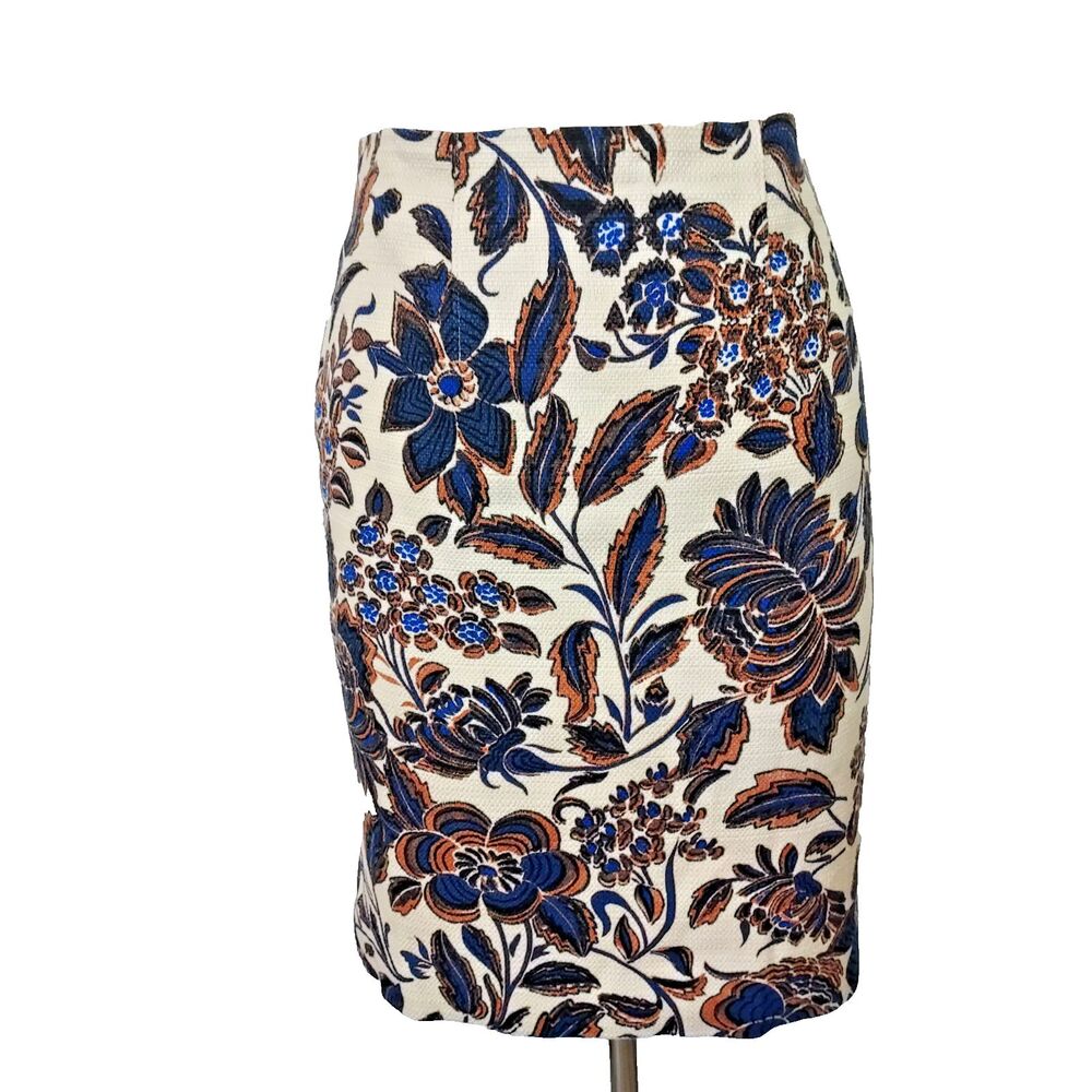 Ann Taylor Textured Floral Retro Straight Skirt Womens Size 6 Lined Beige Blue